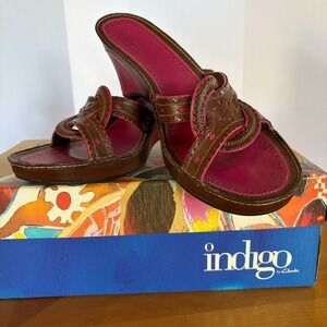 Indigo by Clarks Boelyn Earth Wedge Sandals Brown Pink Leather Women 8M Studded